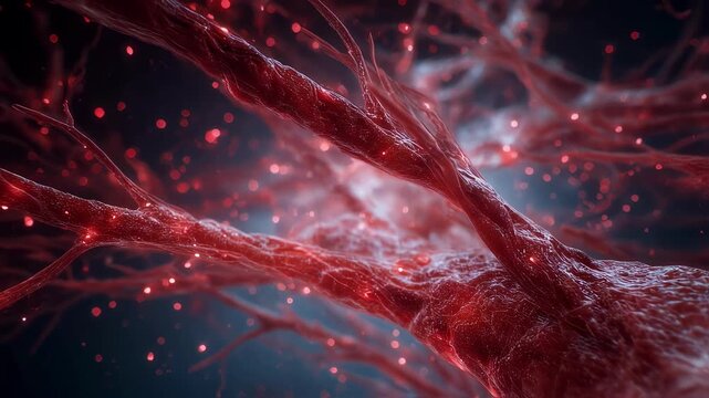 Highdetail 3D visualization of widespread capillary rupture with glowing crimson spots signaling extensive microbleeding in fragile blood vessels.