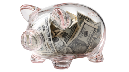 Transparent piggy bank filled with dollars on white background