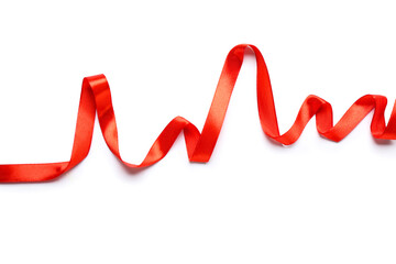 Cardiogram made of red satin ribbon on white background. Heart diseases concept