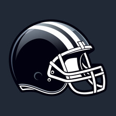 Fototapeta premium Sleek black american football helmet with white stripes and face mask on dark background