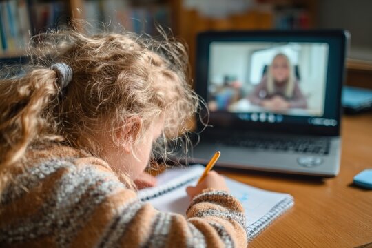 Little girl writing notes in a notebook while participating in an online class with a teacher on her laptop, embracing remote learning - Powered by Adobe