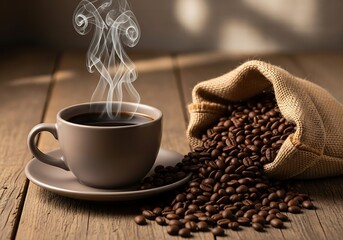Steaming cup of dark coffee and spilled roasted coffee beans from a burlap sack on a wooden surface