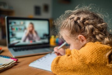 Focused pupil following online lesson writing notes on notebook with teacher talking on laptop computer screen during pandemic