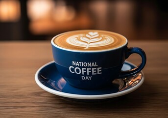 A beautifully crafted latte with intricate foam art sits in a dark blue mug celebrating national coffee day