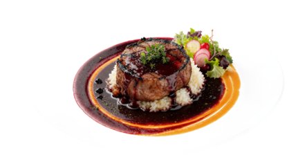 Gourmet Grilled Steak with Red Wine Reduction, Rice, and Seasonal Vegetables