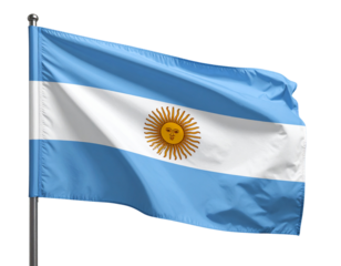 Argentina National Flag Waving with Sun Emblem Visible, Front View, Isolated on Transparent Background