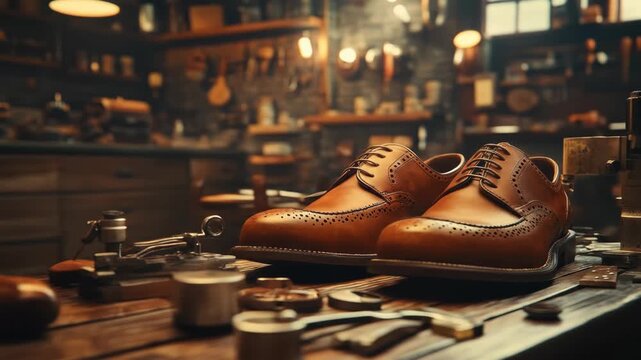 Two brown leather brogues on a wooden workbench in a vintage shoe repair shop