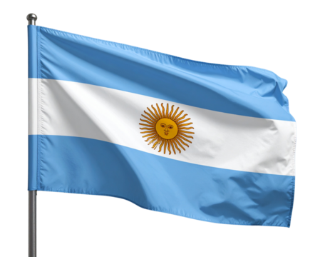 Argentina National Flag Waving with Sun Emblem Visible, Front View, Isolated on Transparent Background
