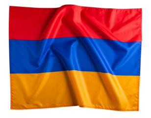 Armenia Flag Draped Over Corner with Soft Wrinkles and Shadows, Top-Down View, Isolated PNG.