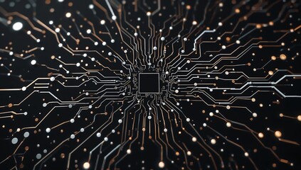 Photo of close up of a complex computer circuit board with glowing lights representing modern technology and data processing