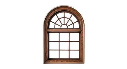 Elegant Wooden Window Frame Showcases Arched Design and Grid Pattern on Transparent Background