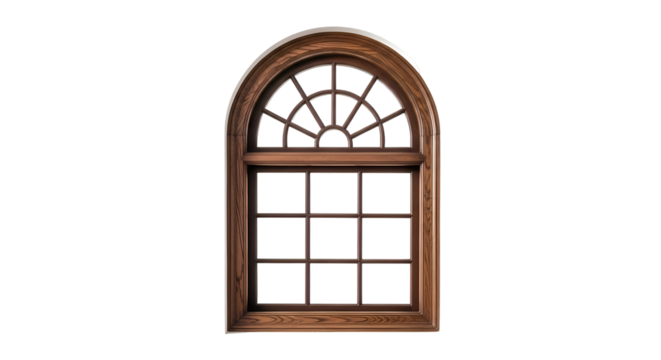 Elegant Wooden Window Frame Showcases Arched Design and Grid Pattern on Transparent Background - Powered by Adobe