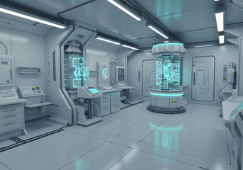 Futuristic sterile laboratory interior with advanced technology and equipment.