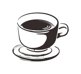 Hand-drawn illustration of a coffee cup and saucer, showcasing a simple yet elegant design.