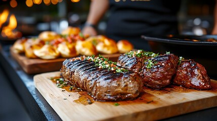 Close up of a juicy perfectly grilled steak served on a wooden cutting board with garnishes and sauces creating a mouthwatering and appetizing dish