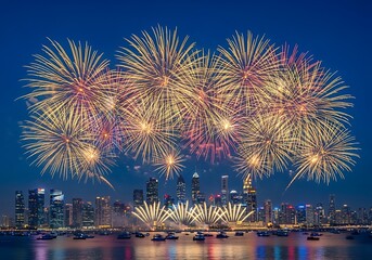 Spectacular fourth of july fireworks illuminate the night sky above a vibrant city skyline reflected in the water