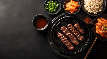 Juicy sizzling grilled steak served with a selection of fresh colorful vegetables and garnishes on a dark background