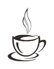 Simple black and white illustration of a steaming coffee cup on a saucer.