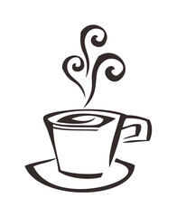 Stylized black and white illustration of a coffee cup with steam.