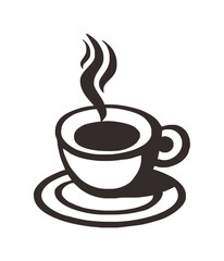 Stylized illustration of a steaming cup of coffee sitting on a saucer, presented in a minimalist black and white design.