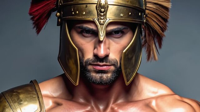 Muscular man in roman helmet and armor