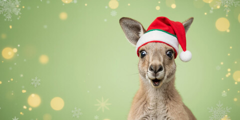 Funny kangaroo with a surprised expression wearing a christmas hat. Cute australian animal on a green holiday background with bokeh. Whimsical wildlife concept with copy space.