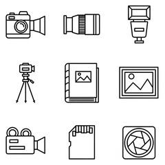 Hobby / Gaming Icon Set (Line Art). Set of Line Art Icons Themed Around Hobbies and Gaming like a Camera, Controller, Headphones, and Trophy. Photography, Gaming, Entertainment, Technology, Leisure.

