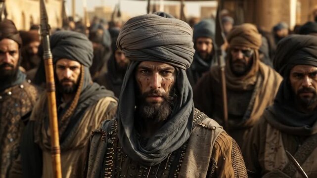 Berber Muslim army warriors in traditional desert robes and turbans march across North African landscape during medieval Islamic conquest expansion