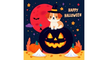 This Halloween image features a black pumpkin with a dog and cat at night under a moon. Perfect for backgrounds, graphics, wallpaper, and posters.