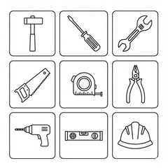 Tools / Construction Icon Set (Line Art). Set of Line Art Icons Themed Around Tools and Construction like a Hammer, Wrench, Saw, and Drill. Construction, Repair, DIY, Tools, Work.
