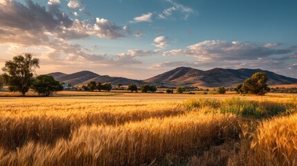 Obraz premium Golden wheat field at sunset landscape