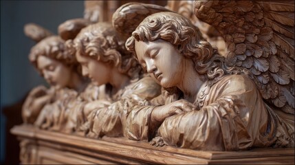 Naklejka premium Serene Angels: A Masterpiece of Wooden Sculpture