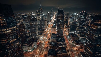Fototapeta premium Photo of aerial view of a modern city skyline at night with illuminated buildings and busy streets showing the vibrant urban landscape