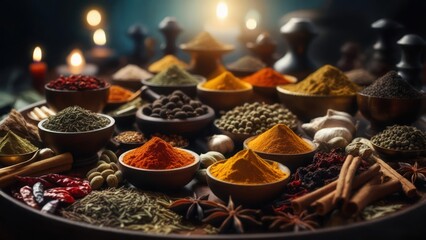 Fototapeta premium Aromatic Tapestry of Exotic Spices in Bowls Under Warm, Moody Candlelight