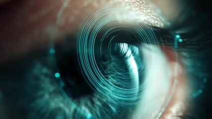 Futuristic digital eye scan with pulsating teal rings tightening in synchronized rhythm depicting glaucoma progression through intraocular pressure.