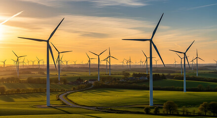 Wind turbines generate clean energy in a beautiful landscape with sunset. The scene evokes a sense of progress and environmental consciousness. 