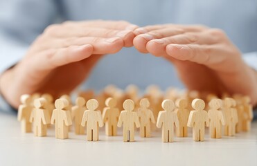 Businessman shielding his team with hands, embodying concepts of insurance, protection, and teamwork in a supportive environment