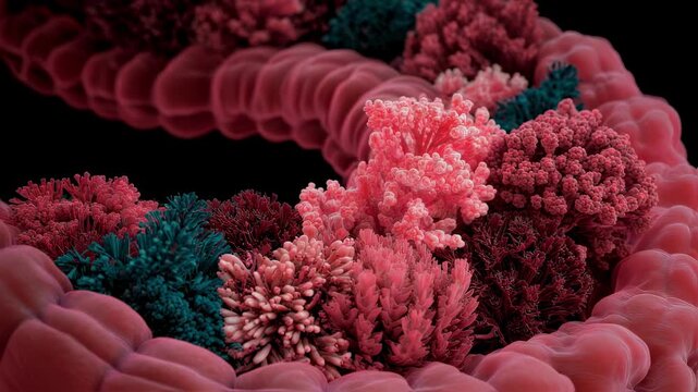 Animated colon model demonstrating progression of diverticulitis with clustered sacs becoming swollen and highlighted in bright red.