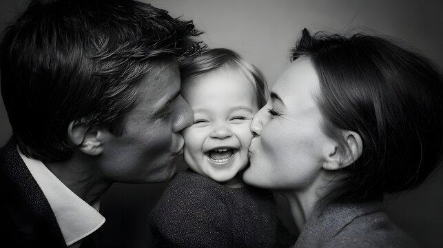 Child kissing both parents on cheeks with joyful expressions