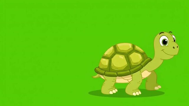 A cartoon turtle green with a patterned shell is set against a plain green background