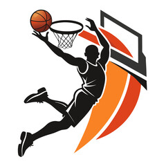 Dynamic silhouette of a basketball player performing a powerful slam dunk with a stylized hoop and ball