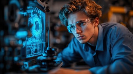 Man with Safety Glasses Examining CAD Schematic on a Monitor