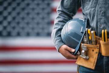 Construction worker holding hardhat with tool belt and United States flag in background, labor day and patriotic holidays concept