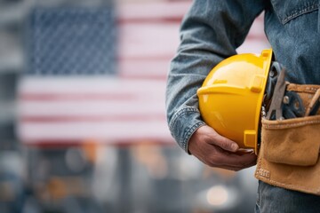 Construction worker holding yellow hardhat with tool belt and United States flag waving in background