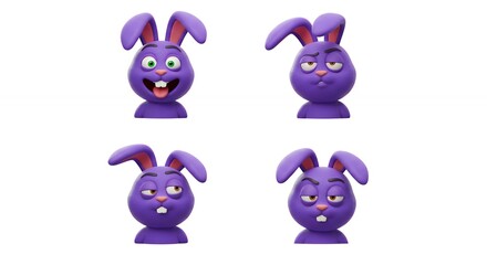 Purple rabbit cartoon expressions set