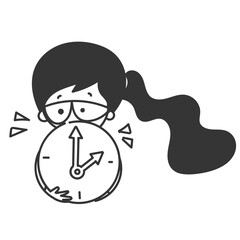 cute business girl holding big clock illustration in cartoon doodle style