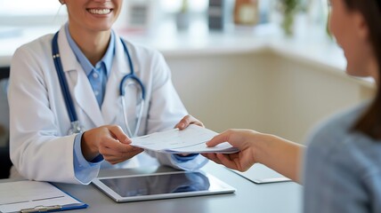 Friendly Female Doctor Passing Medical Records to Patient During Consultation in Office Setting with Modern Technology and Caring Atmosphere