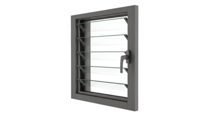 Louver Window Exhibits Glass Blades within Gray Frame, Enhancing Ventilation and Light Control