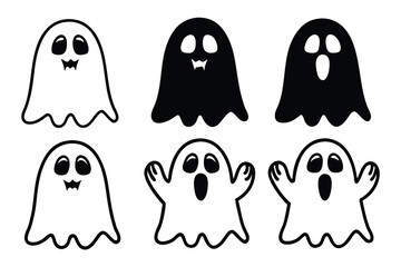 Obraz premium Six cartoon ghosts with black and white outlines and fill halloween spooky