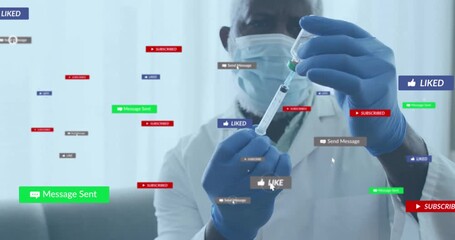 After removing bubbles physician is preparing injection as social media icons rising in clinic room - Powered by Adobe